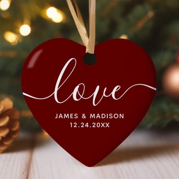 Red Heart-Shaped Christmas Ornament With The Word Love And A Couple'S Names And Wedding Date.