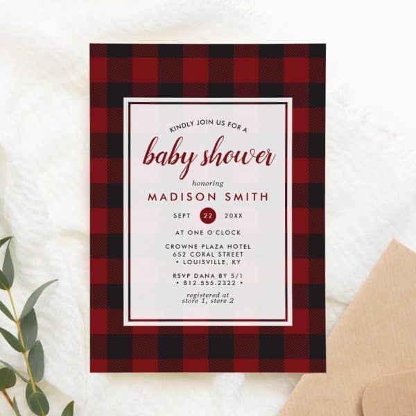 Red And Black Buffalo Plaid Baby Shower Invitation For Madison Smith.