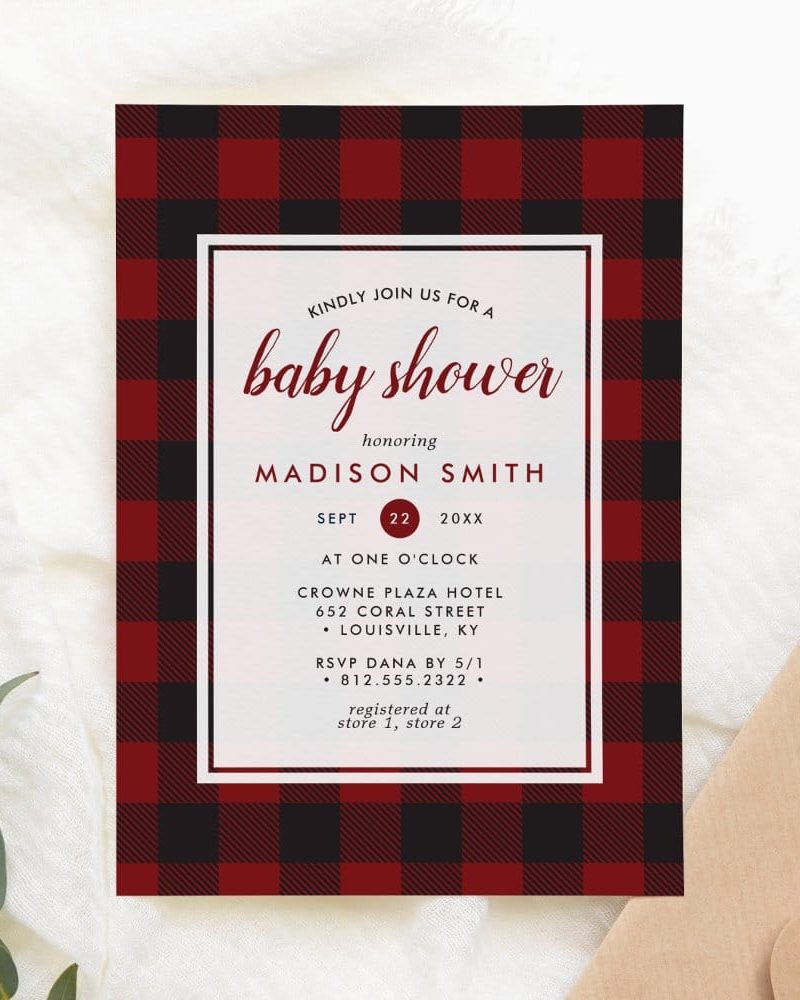 Red and black buffalo plaid baby shower invitation for Madison Smith.