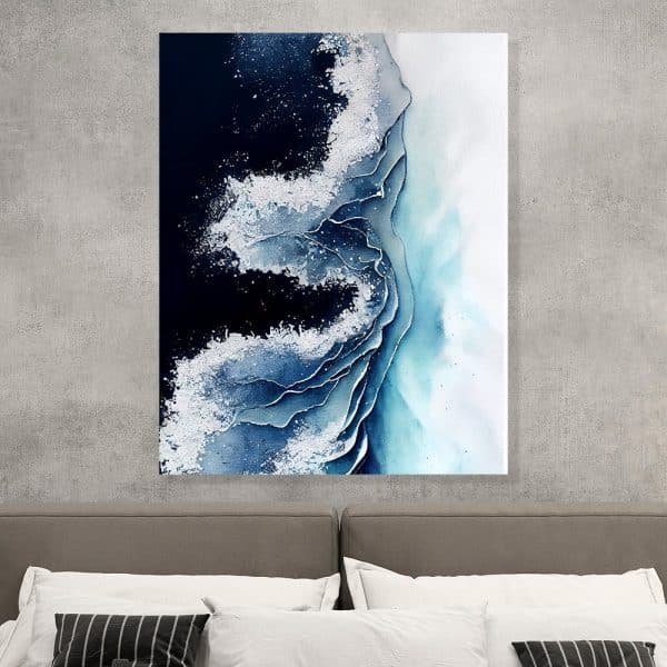 Abstract Painting Of Ocean Waves In Shades Of Blue And White.