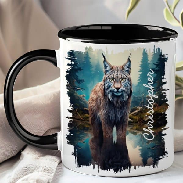 Black-Handled Mug Featuring A Lynx Reflected In A Dark, Forest Pool. The Name Christopher Is Visible On The Mug.