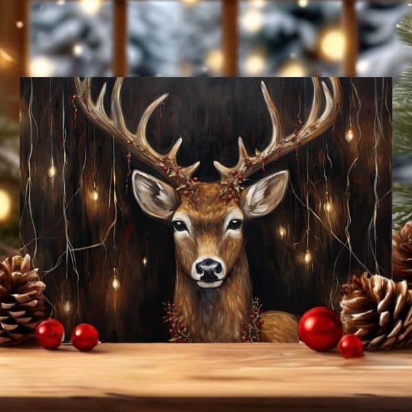 Painting Of A Deer With Antlers Adorned With Berries And Lights.