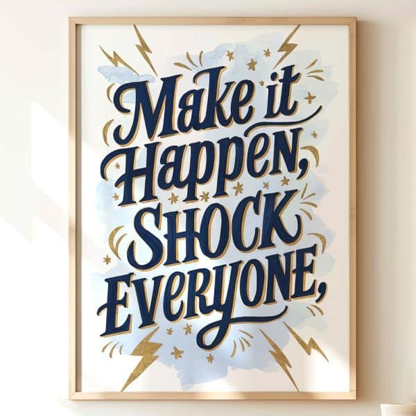 Framed Art Print With The Motivational Phrase Make It Happen, Shock Everyone In Navy Blue Lettering With Gold Accents On A Light Blue Watercolor Background.