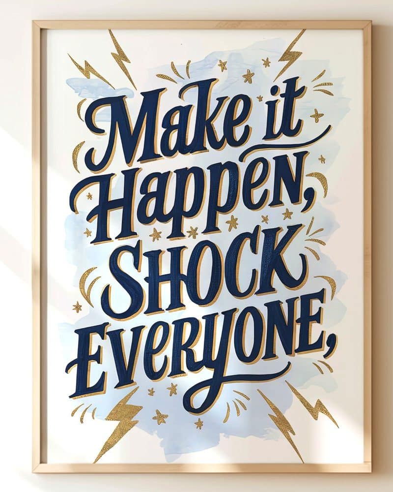 Framed art print with the motivational phrase Make it Happen, Shock Everyone in navy blue lettering with gold accents on a light blue watercolor background.