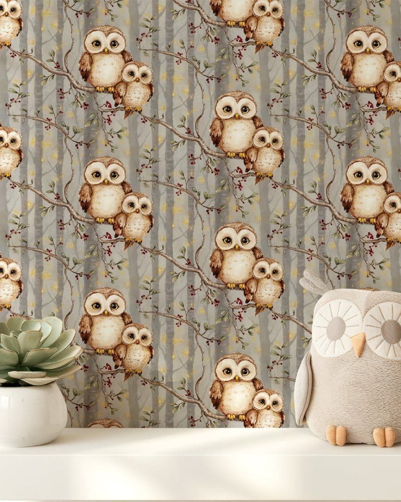 Grey owl wallpaper featuring parent and baby owls perched on branches, a plush owl sits in front.