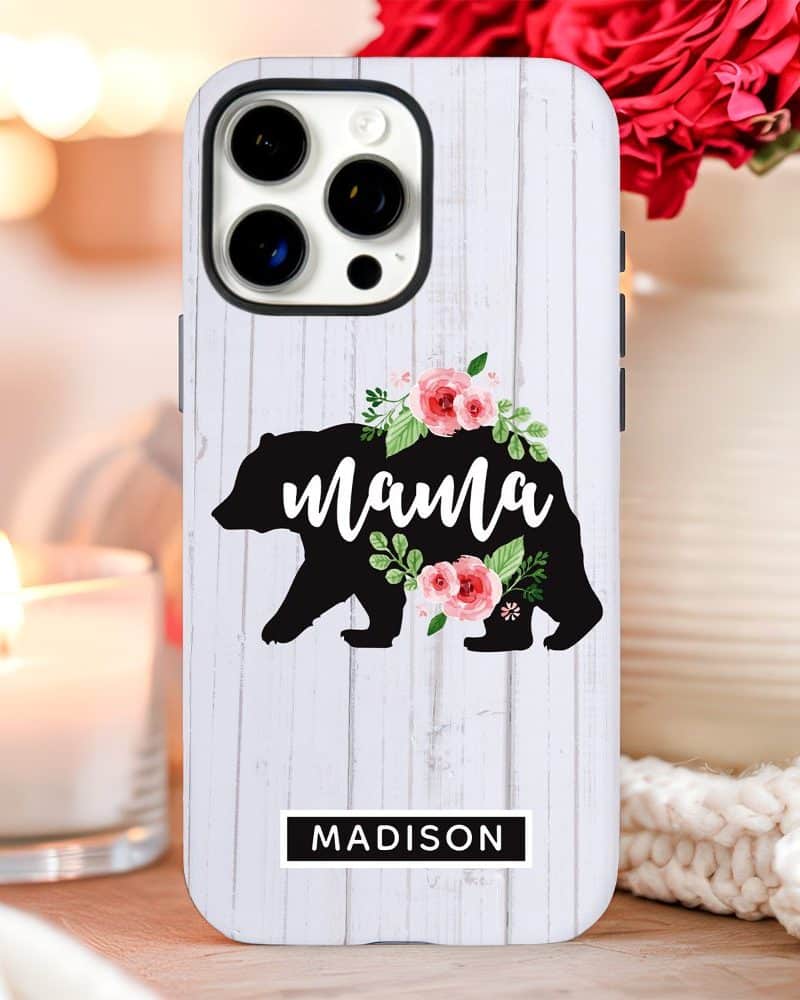 Phone case featuring a black bear silhouette with pink flowers and the word Mama.