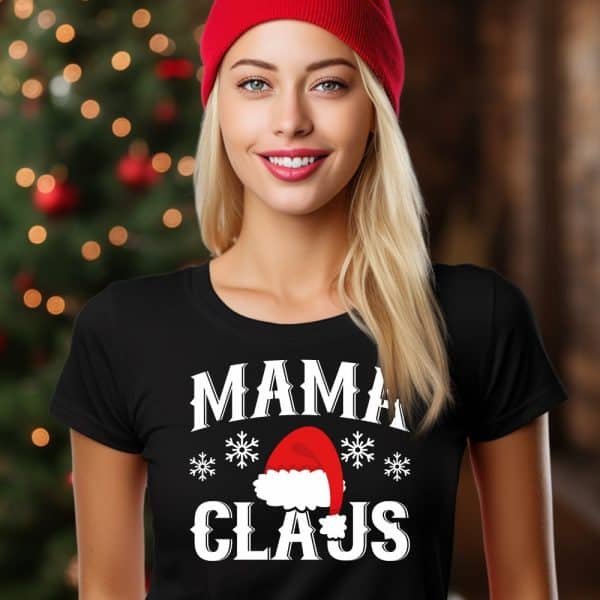 Woman Wearing A Black Mama Claus T-Shirt And Red Beanie.