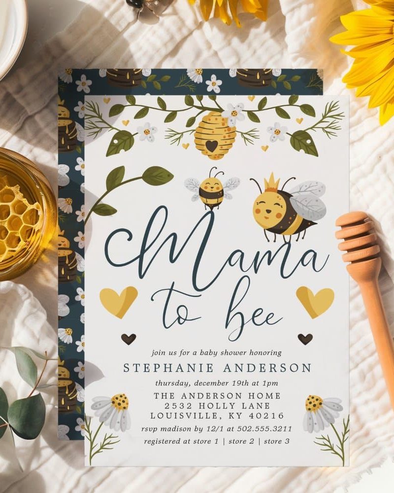 Baby shower invitation with bee theme; text reads Mama to Bee.