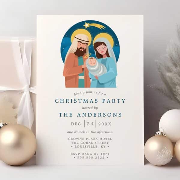 Christmas Party Invitation Featuring The Holy Family.