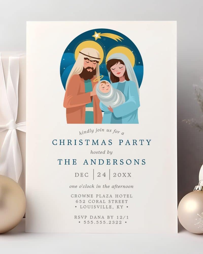Christmas party invitation featuring the Holy Family.