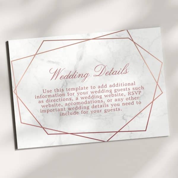 Wedding Details Card With Rose Gold Geometric Frame On Marble Background.