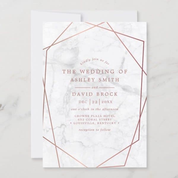 Wedding Invitation For Ashley Smith And David Brock, Featuring A Marble Background And Rose Gold Geometric Frame.