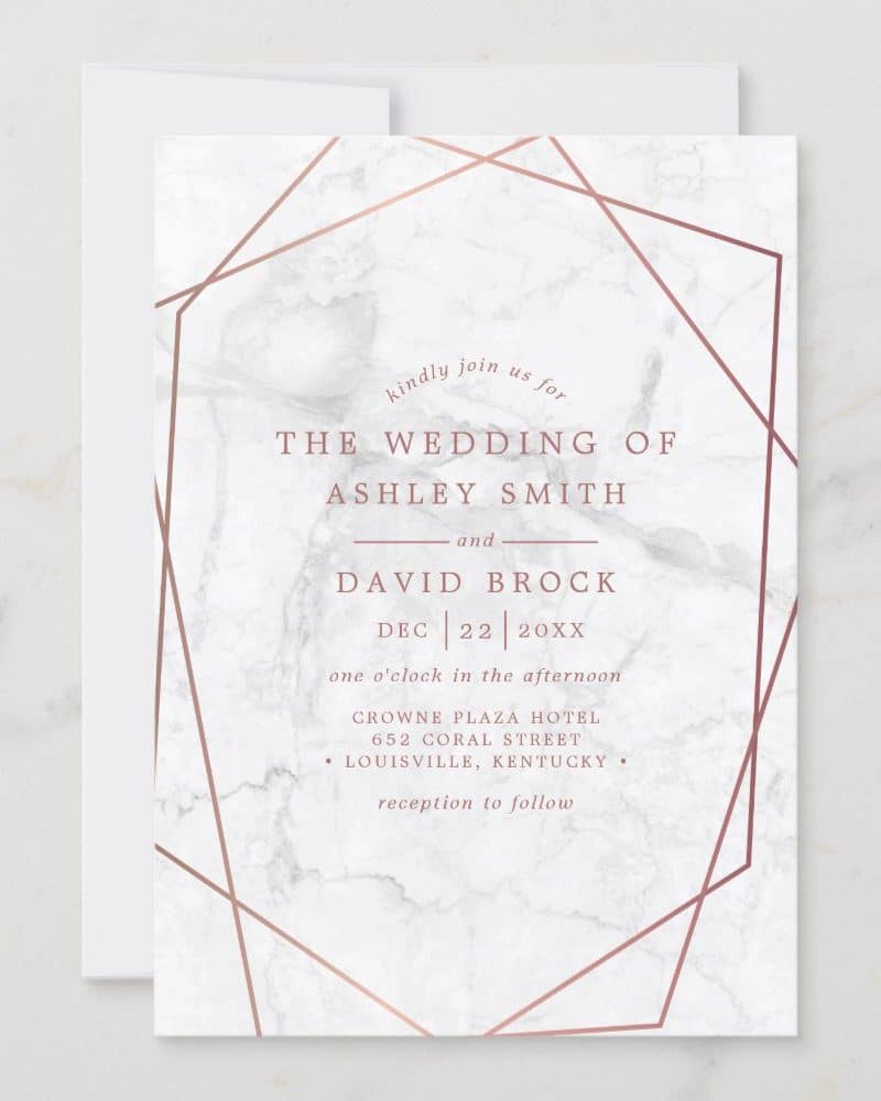 Wedding invitation for Ashley Smith and David Brock, featuring a marble background and rose gold geometric frame.