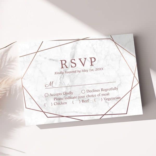 Rose Gold Geometric Design Rsvp Card With Marble Background.