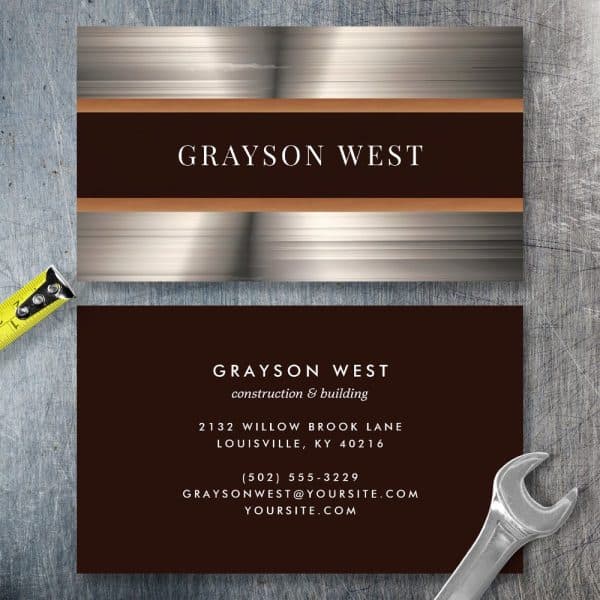 Business Card For Grayson West Construction, Featuring A Brushed Metal Design.
