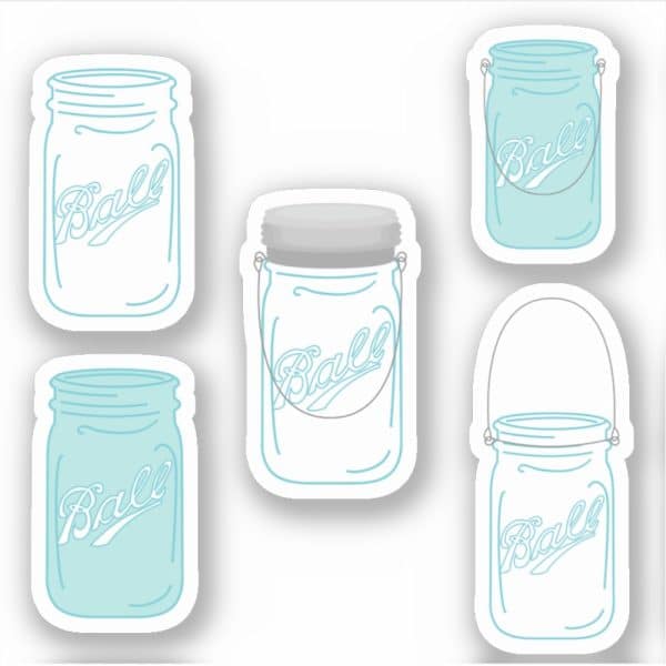 Five Light Blue Ball Mason Jars; Three Are Regular Jars, One Has A Wire Carrying Handle, And One Is An Empty Jar With A Wire Handle.