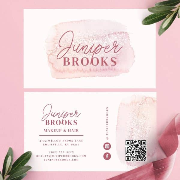 Two Pink Business Cards For Juniper Brooks Makeup &Amp; Hair, Featuring A Watercolor Design And Contact Information.