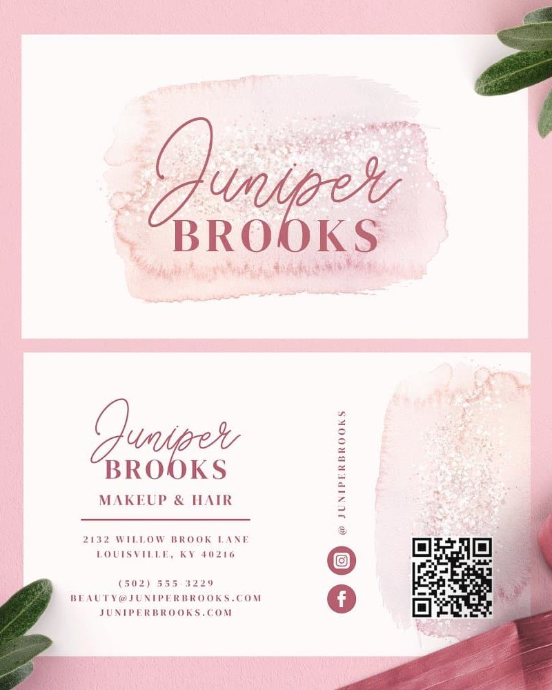 Two pink business cards for Juniper Brooks Makeup & Hair, featuring a watercolor design and contact information.