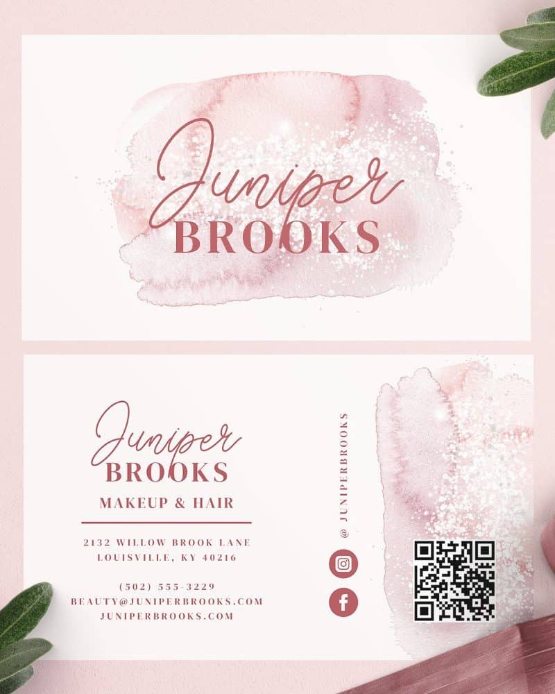 Business card for Juniper Brooks Makeup & Hair, featuring a watercolor design.