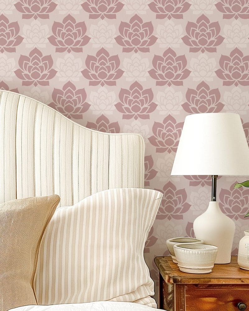 A bed with striped pillows against a wall with a lotus flower pattern.