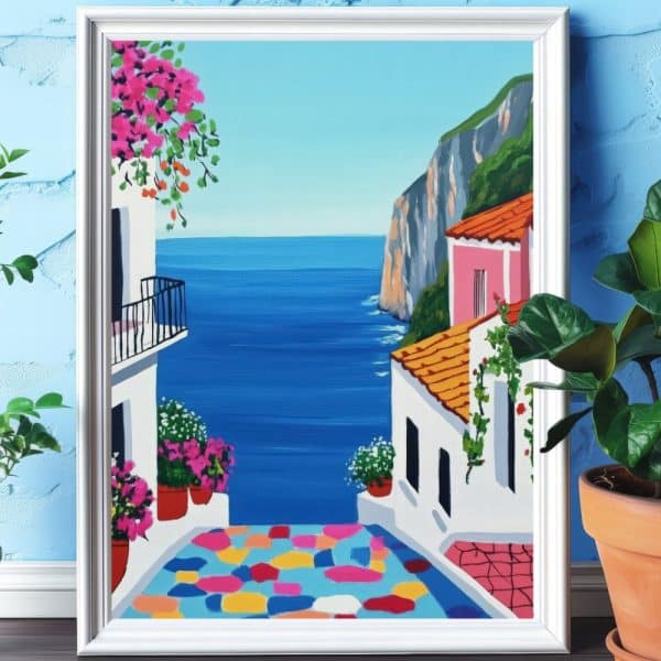 Painting Of A Colorful Coastal Scene With White Buildings, A Vibrant Patterned Walkway, And Ocean View.