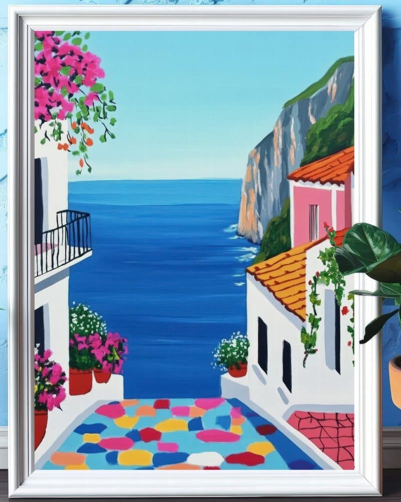 Painting of a colorful coastal scene with white buildings, a vibrant patterned walkway, and ocean view.