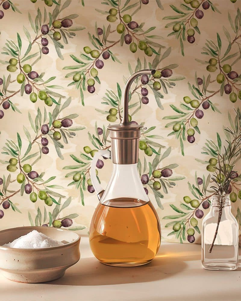 Glass olive oil decanter with salt bowl in front of olive branch patterned background.