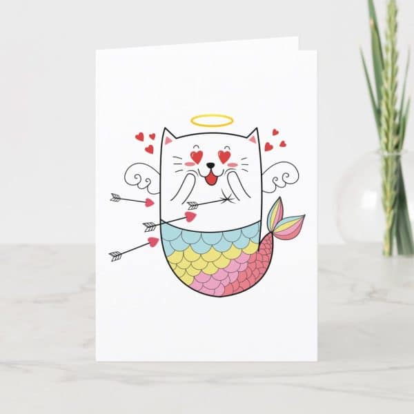 A Cute Cat Mermaid With A Halo And Wings Is Struck By Cupid'S Arrows.