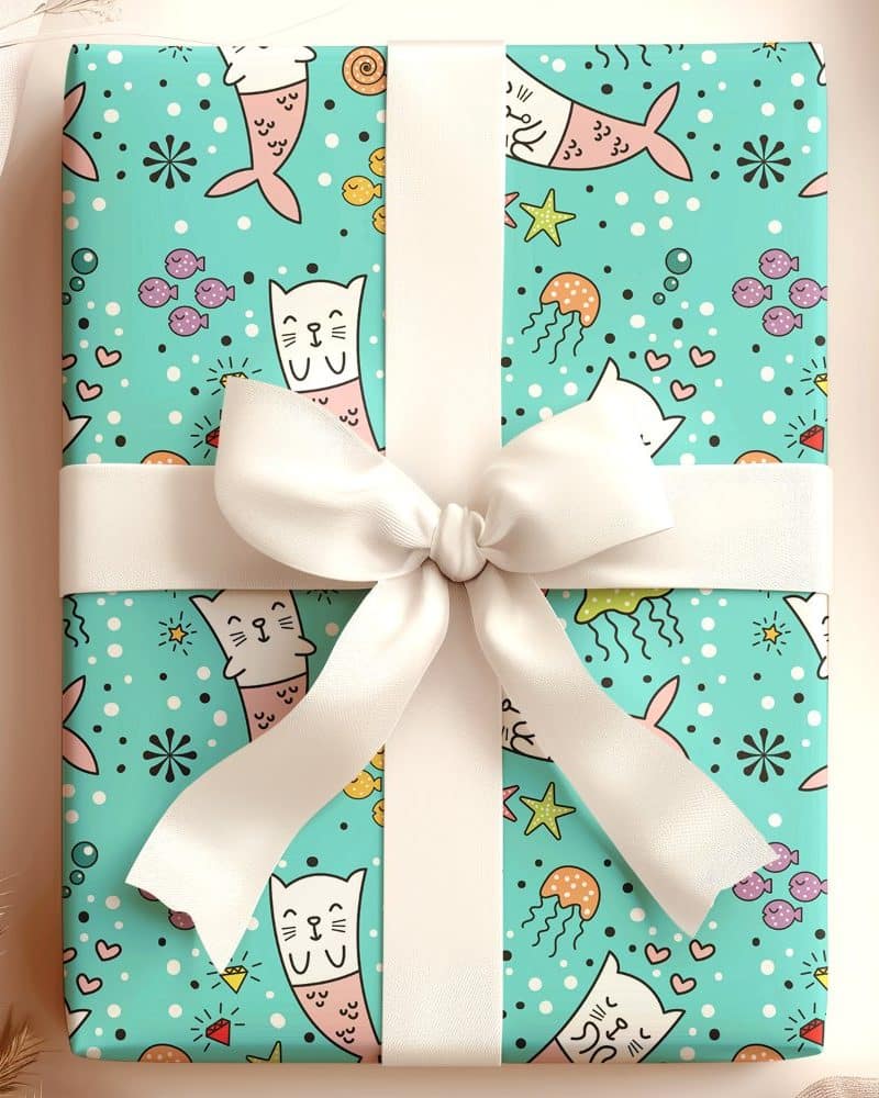 A teal gift box wrapped in paper featuring a pattern of cute cats with mermaid tails, surrounded by sea-themed elements. A large white ribbon is tied in a bow on top.