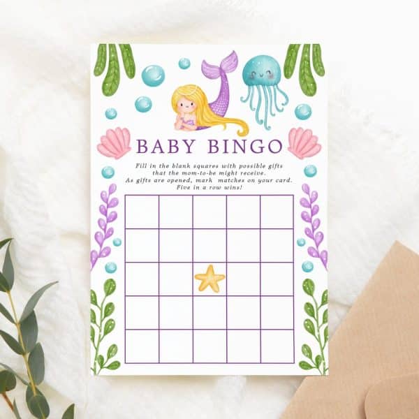 Baby Shower Bingo Card Featuring A Mermaid And Other Ocean-Themed Illustrations.