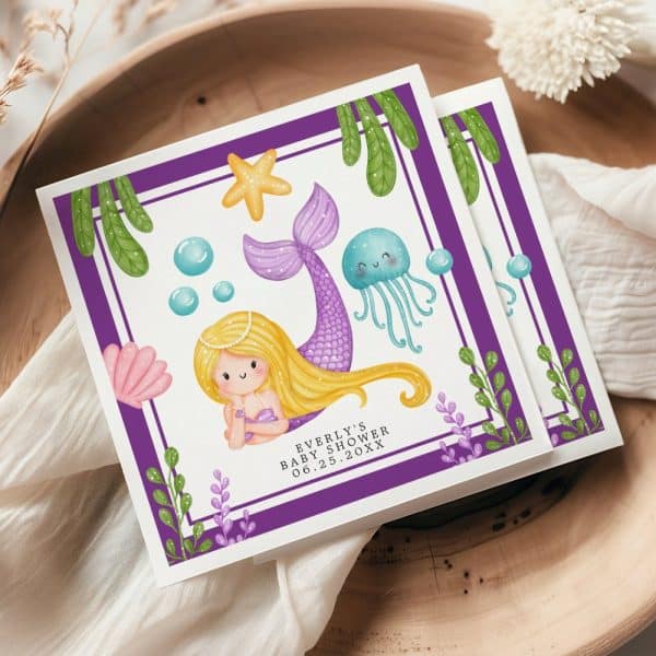 Baby Shower Invitation Featuring A Cartoon Mermaid With Purple Tail And Blonde Hair, Surrounded By Bubbles, A Starfish, And A Jellyfish.