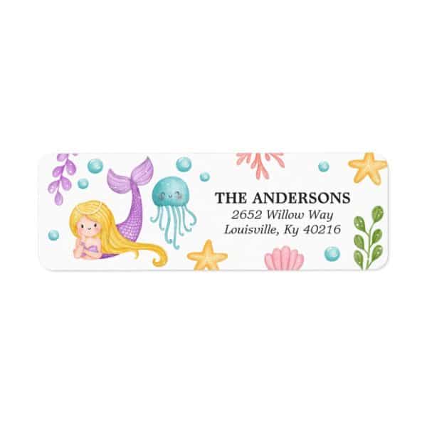 Return Address Label Featuring A Mermaid And Jellyfish With Sea-Themed Decorations.