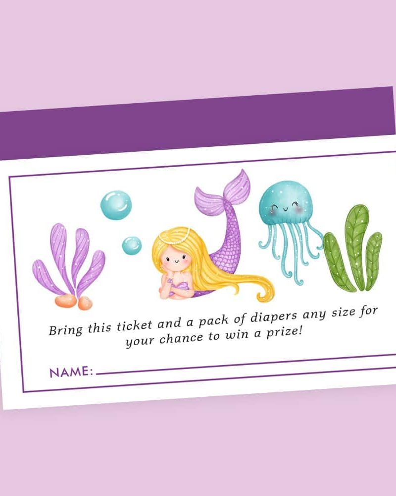 Illustration of a mermaid with a jellyfish and seaweed, raffle ticket.