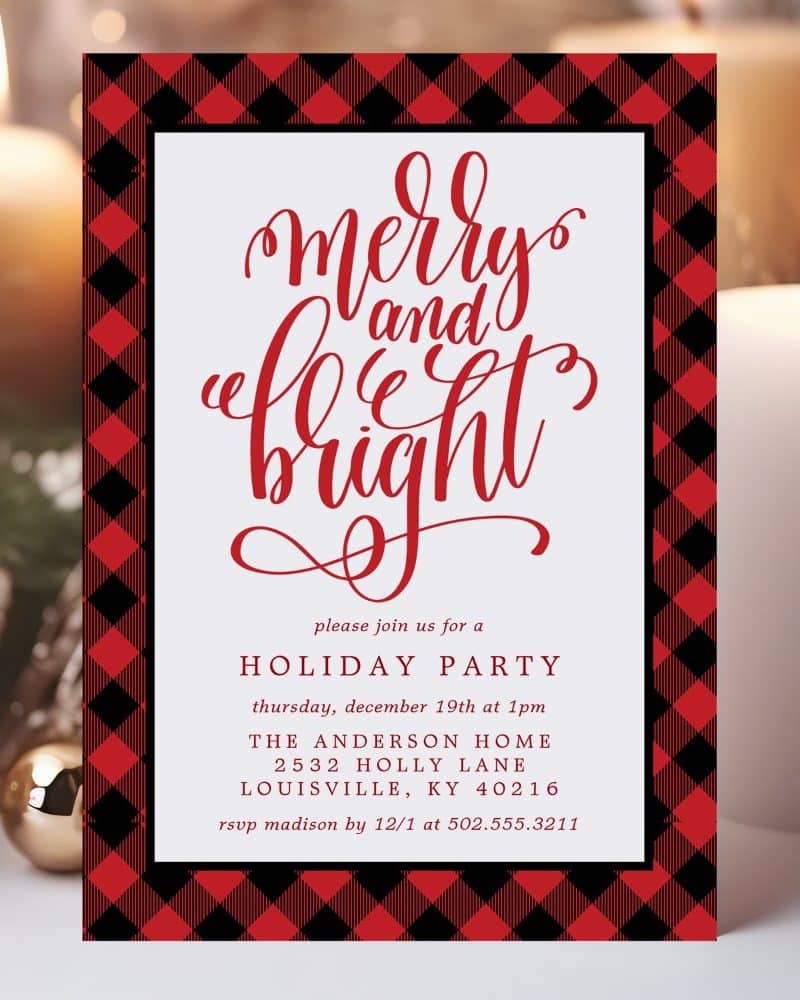 Holiday party invitation with red and black buffalo plaid border and "Merry and Bright" in red script.