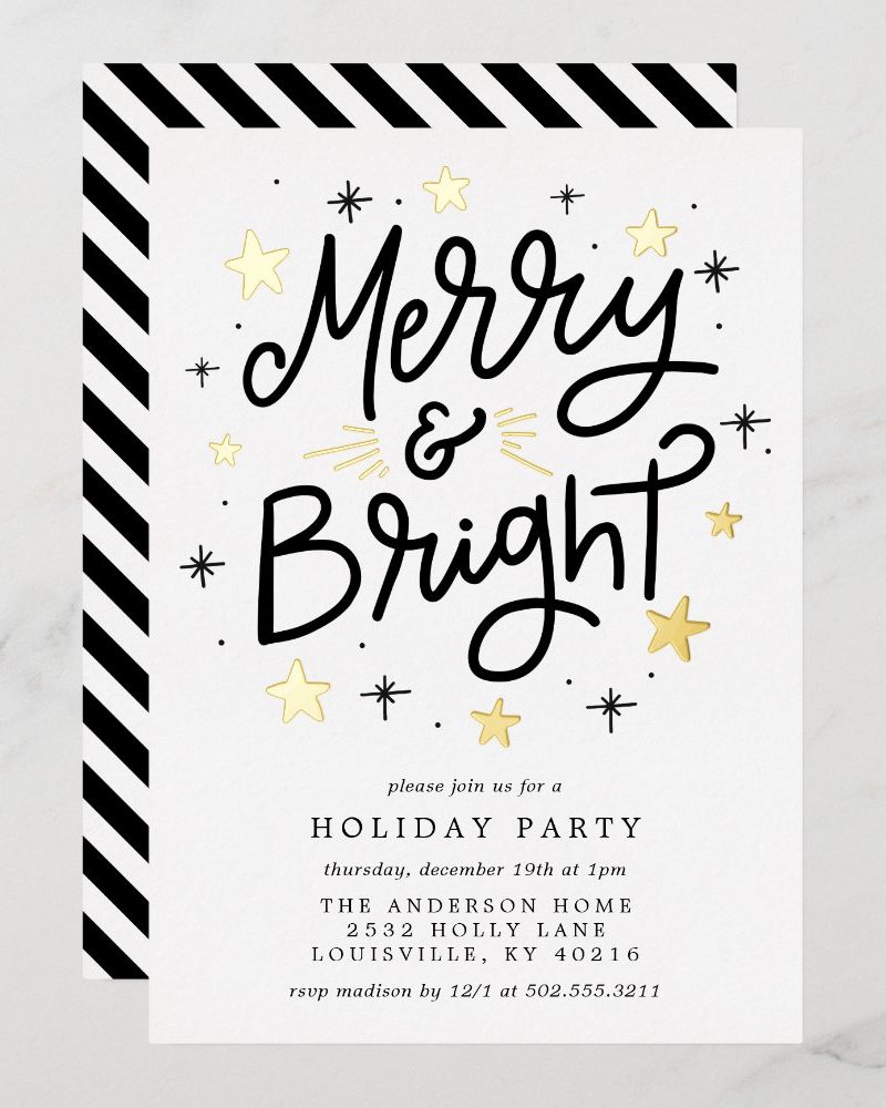 A holiday party invitation with black and white stripes at the edges, gold stars, and the text Merry & Bright in a stylized script font.