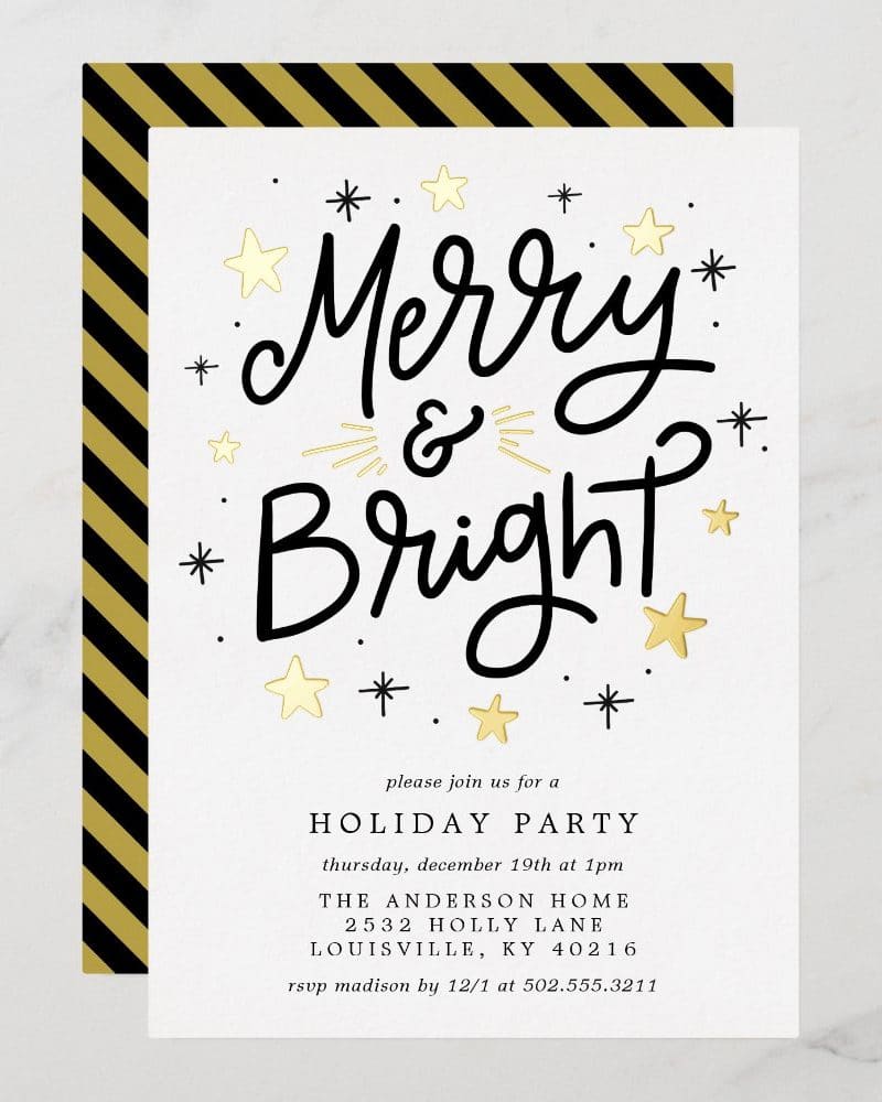 A holiday party invitation with gold stars and the text Merry & Bright.