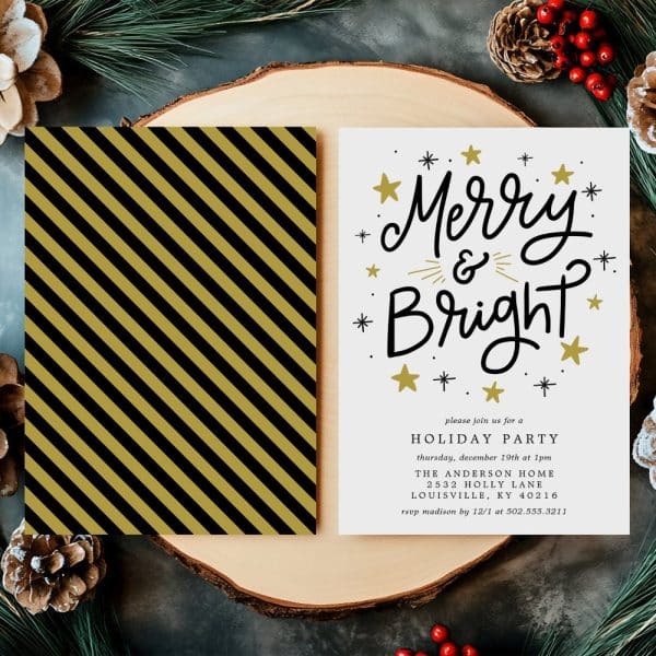 A Holiday Party Invitation With Gold Stars And The Text Merry &Amp; Bright.