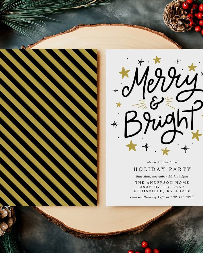 A holiday party invitation with gold stars and the text Merry & Bright.