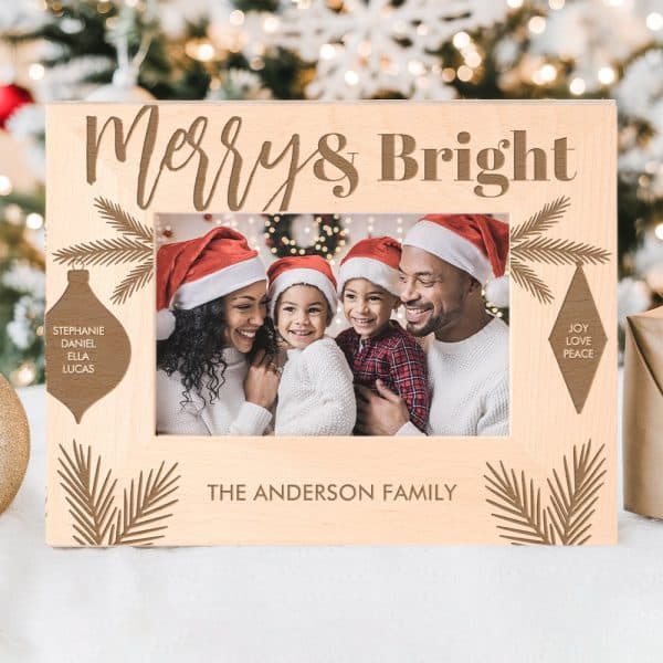Wooden Christmas Photo Frame With A Family Portrait And Merry &Amp; Bright Text.