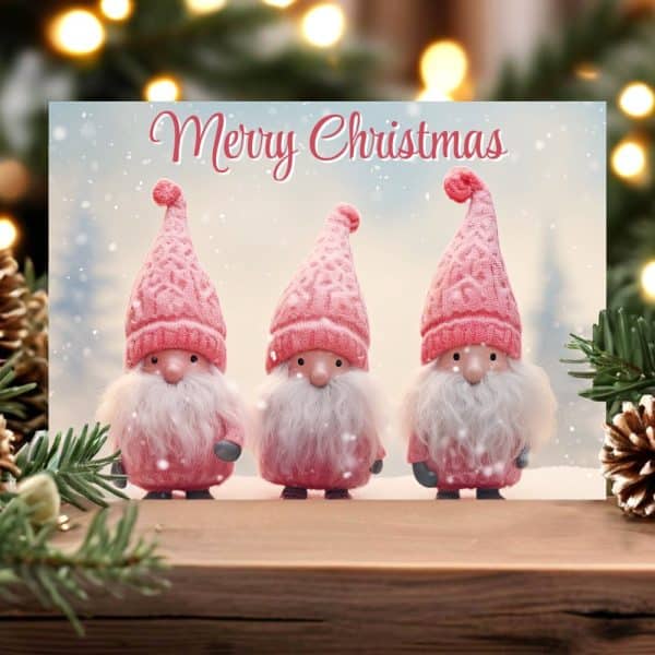 Christmas Card Featuring Three Pink Gnomes.
