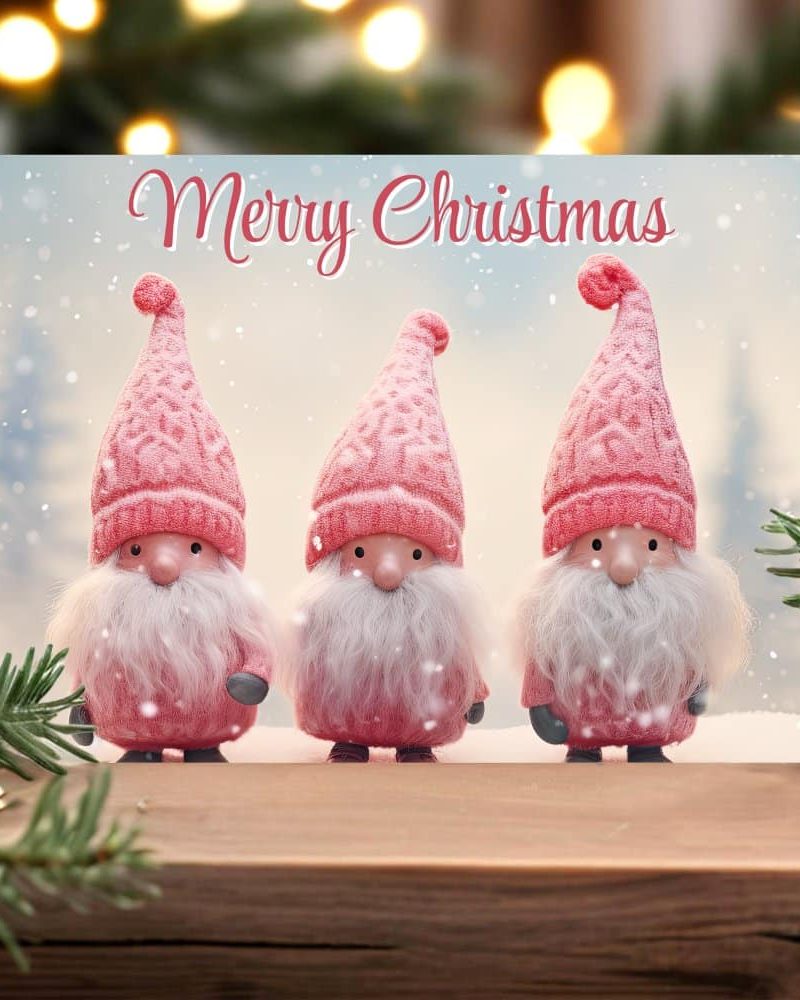 Christmas card featuring three pink gnomes.