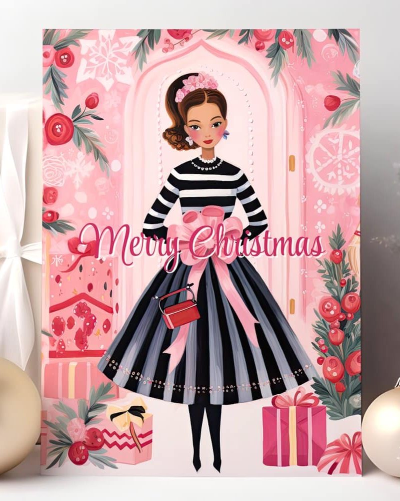 Christmas card illustration of a stylish woman in a black and white striped sweater and a full, black skirt with a pink bow, standing in front of presents.