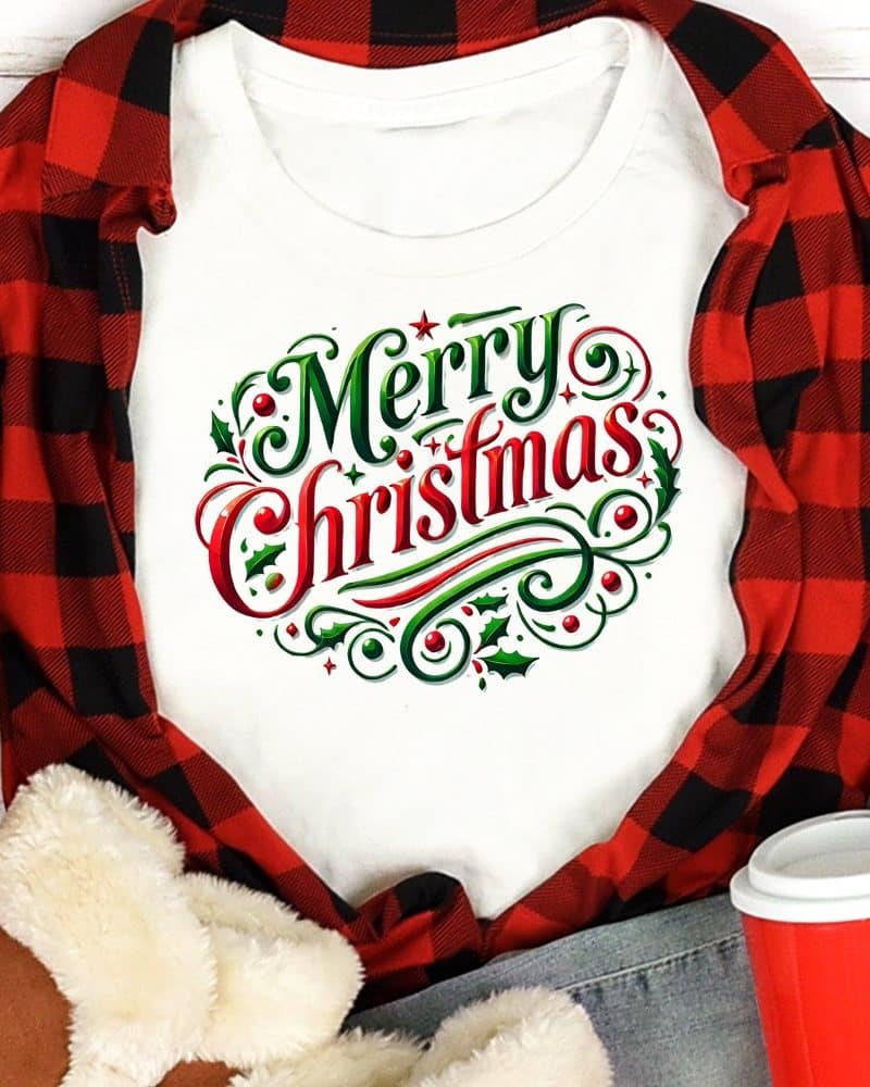 White shirt with Merry Christmas design in red and green lettering.