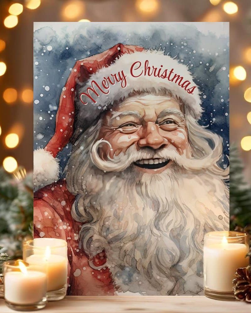 Watercolor painting of a smiling Santa Claus with the words Merry Christmas above him.