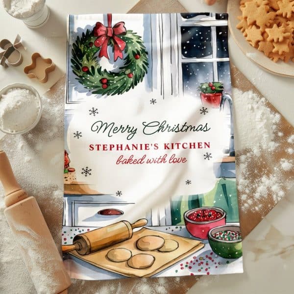 A Christmas-Themed Kitchen Towel With A Watercolor Illustration Of A Kitchen Scene, A Wreath, And The Personalized Text Merry Christmas Stephanies Kitchen Baked With Love.
