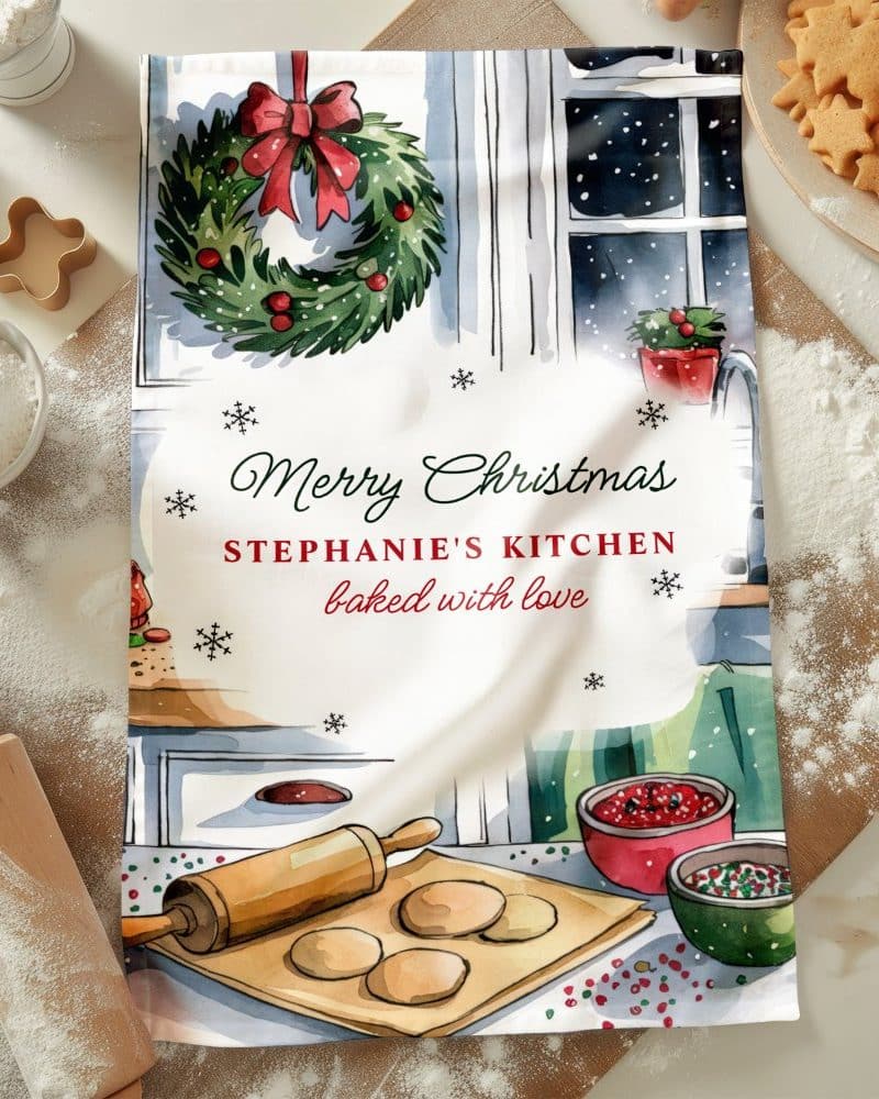 A Christmas-themed kitchen towel with a watercolor illustration of a kitchen scene, a wreath, and the personalized text Merry Christmas Stephanies Kitchen baked with love.