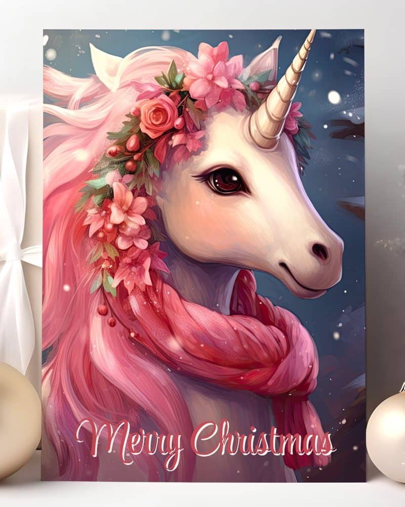 Christmas card featuring a unicorn with pink hair, a floral crown, and a pink scarf.