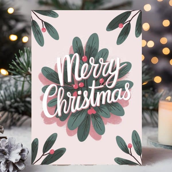 Christmas Card With Pink Background, &Quot;Merry Christmas&Quot; In Stylized Lettering, And Green Leaves With Red Berries.