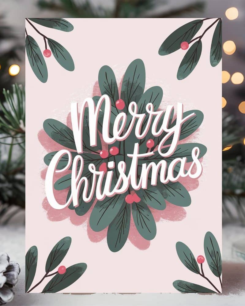 Christmas card with pink background, "Merry Christmas" in stylized lettering, and green leaves with red berries.
