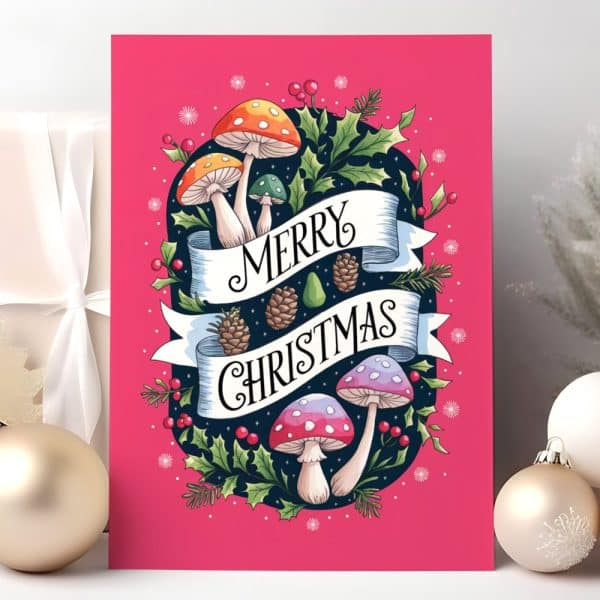 Pink Christmas Card Featuring A Whimsical Illustration Of Mushrooms, Holly, Pine Cones, And A Banner Reading Merry Christmas.